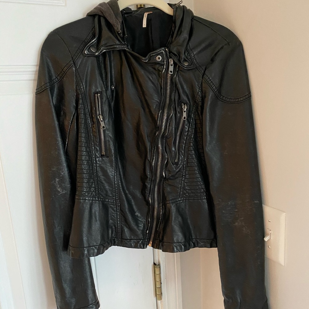 Free People Black Leather Jacket- Detachable Hood